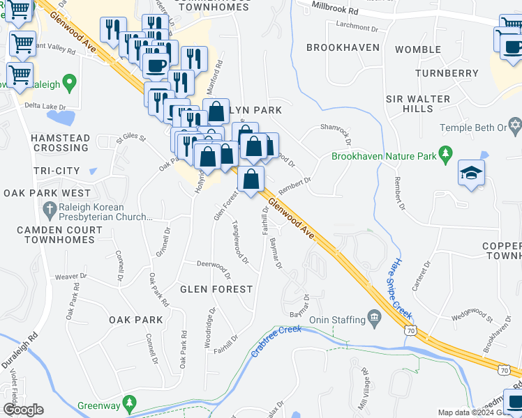 map of restaurants, bars, coffee shops, grocery stores, and more near 5725 Glenwood Avenue in Raleigh