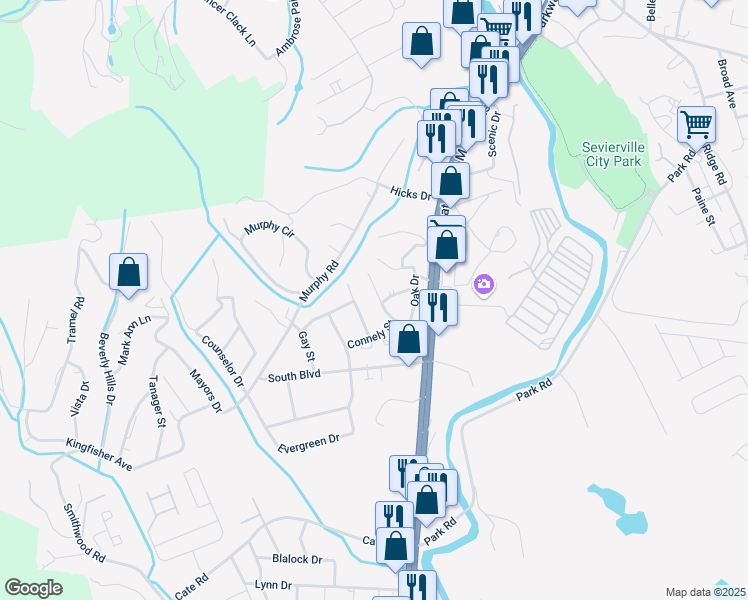 map of restaurants, bars, coffee shops, grocery stores, and more near 302 John L Marshall Drive in Sevierville