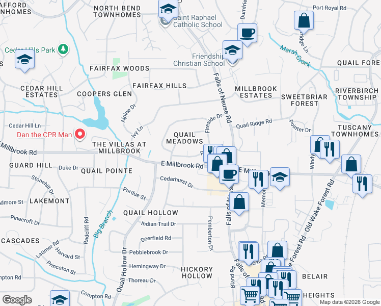 map of restaurants, bars, coffee shops, grocery stores, and more near 1101 Paddock Drive in Raleigh