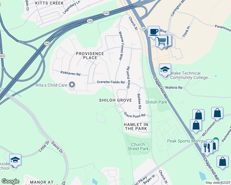 map of restaurants, bars, coffee shops, grocery stores, and more near 1507 Grace Point Road in Morrisville