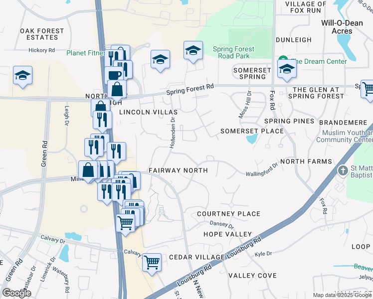 map of restaurants, bars, coffee shops, grocery stores, and more near 4940 Pebble Beach Drive in Raleigh