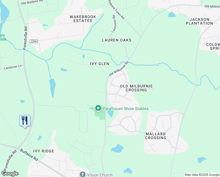 map of restaurants, bars, coffee shops, grocery stores, and more near 3509 Old Milburnie Road in Raleigh