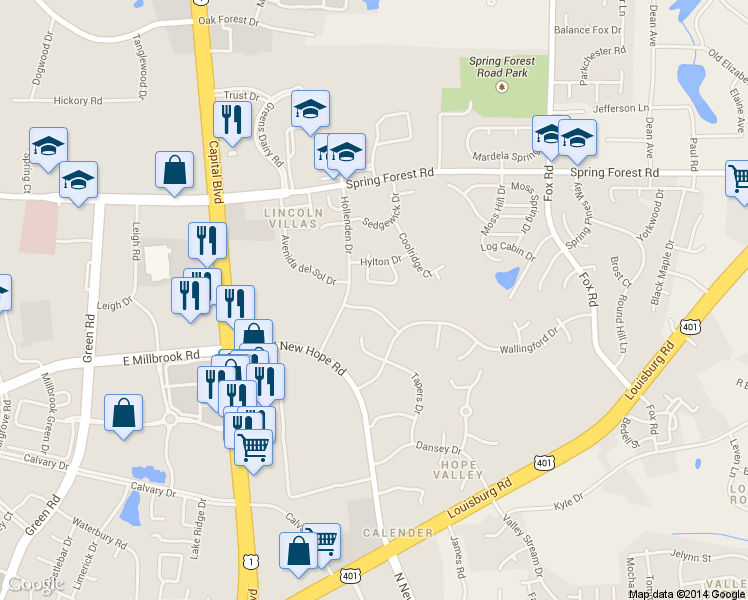 map of restaurants, bars, coffee shops, grocery stores, and more near 4940 Pebble Beach Drive in Raleigh