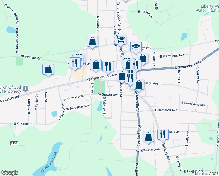 map of restaurants, bars, coffee shops, grocery stores, and more near 276W West Brower Avenue in Liberty