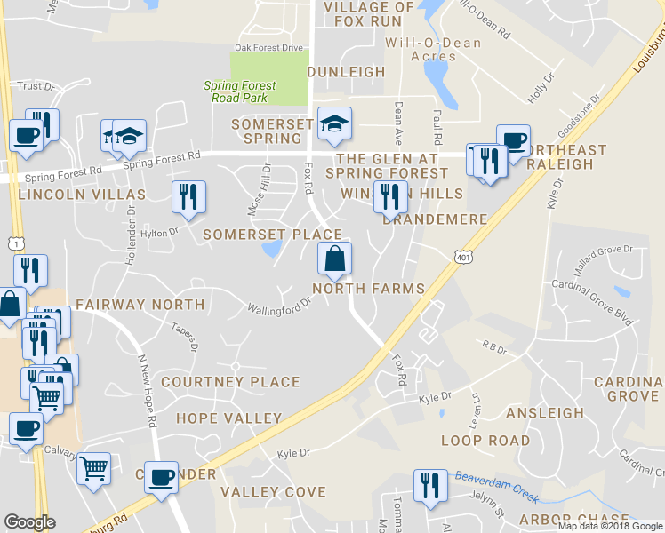 map of restaurants, bars, coffee shops, grocery stores, and more near 5304 Wenesly Court in Raleigh