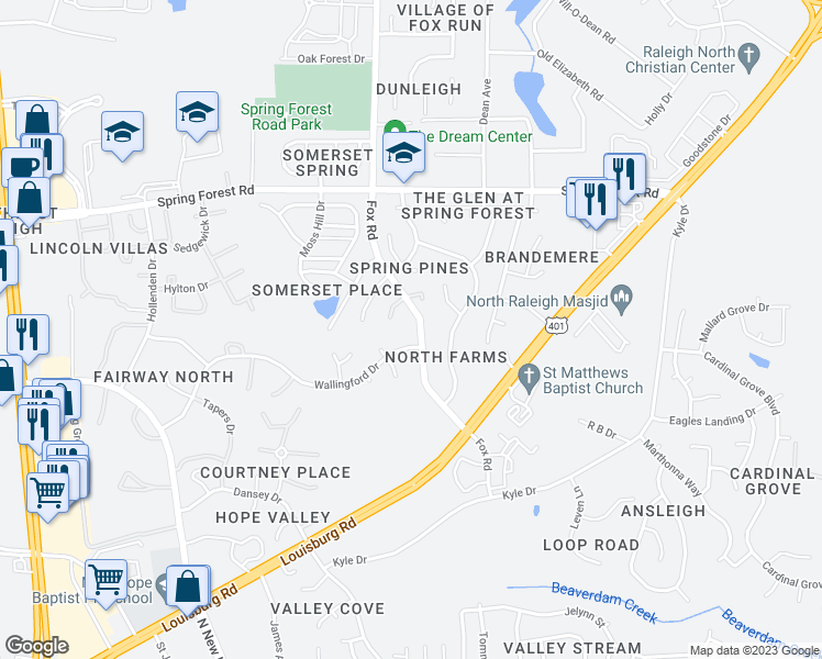 map of restaurants, bars, coffee shops, grocery stores, and more near 4609 Fox Road in Raleigh