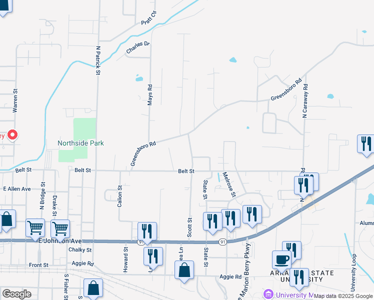 map of restaurants, bars, coffee shops, grocery stores, and more near 701 Scott St in Jonesboro
