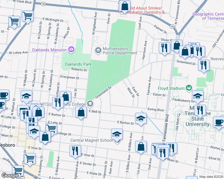map of restaurants, bars, coffee shops, grocery stores, and more near 706 Greenland Drive in Murfreesboro