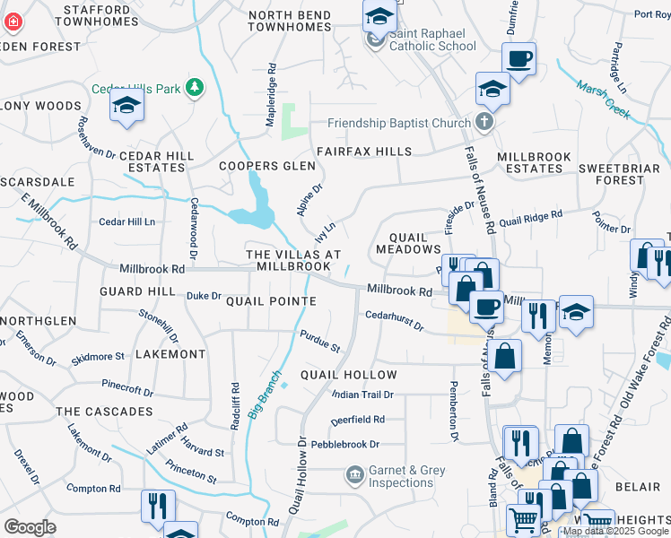 map of restaurants, bars, coffee shops, grocery stores, and more near 1006 Ivy Lane in Raleigh