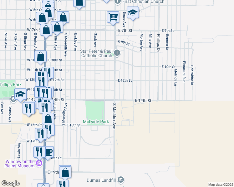 map of restaurants, bars, coffee shops, grocery stores, and more near 1305 South Maddox Avenue in Dumas