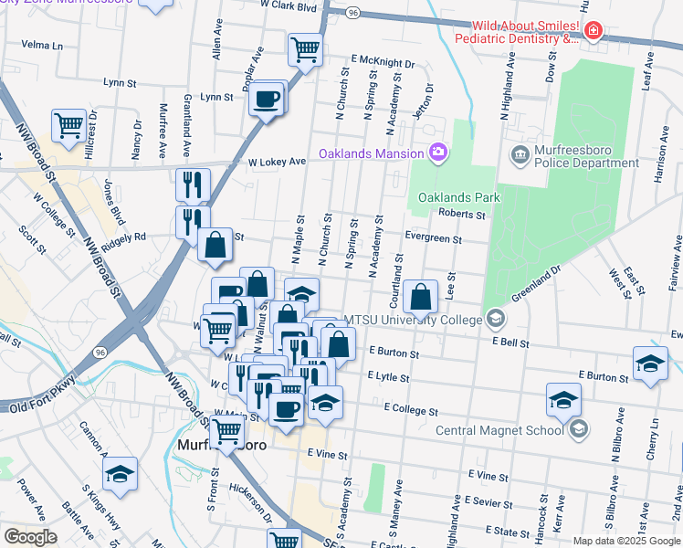 map of restaurants, bars, coffee shops, grocery stores, and more near 603 North Spring Street in Murfreesboro