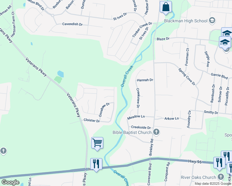 map of restaurants, bars, coffee shops, grocery stores, and more near 5135 Cloister Drive in Murfreesboro