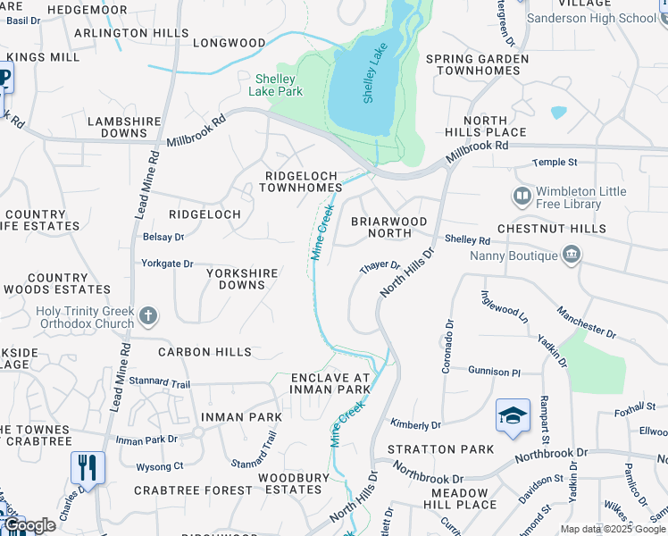 map of restaurants, bars, coffee shops, grocery stores, and more near 5408 Shadowbrook Drive in Raleigh