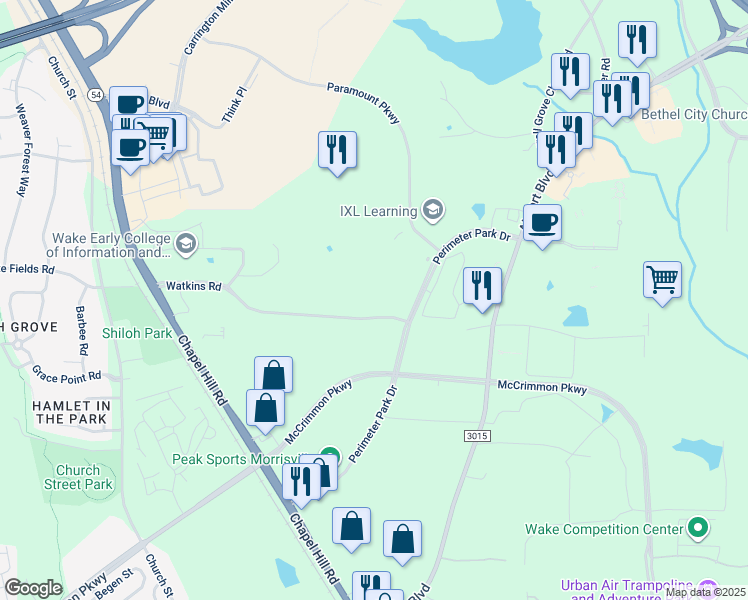 map of restaurants, bars, coffee shops, grocery stores, and more near 2250 Perimeter Park Drive in Morrisville