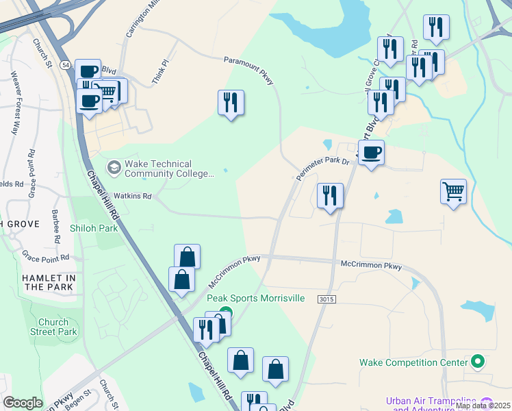 map of restaurants, bars, coffee shops, grocery stores, and more near 2250 Perimeter Park Drive in Morrisville