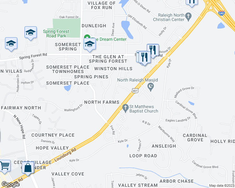 map of restaurants, bars, coffee shops, grocery stores, and more near 4904 Autumn Sage Landing in Raleigh