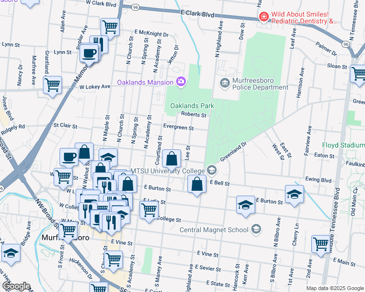 map of restaurants, bars, coffee shops, grocery stores, and more near 418 Forrest Street in Murfreesboro