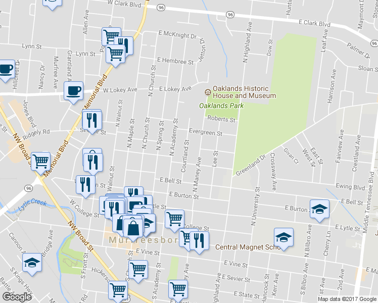 map of restaurants, bars, coffee shops, grocery stores, and more near 624 Courtland Street in Murfreesboro
