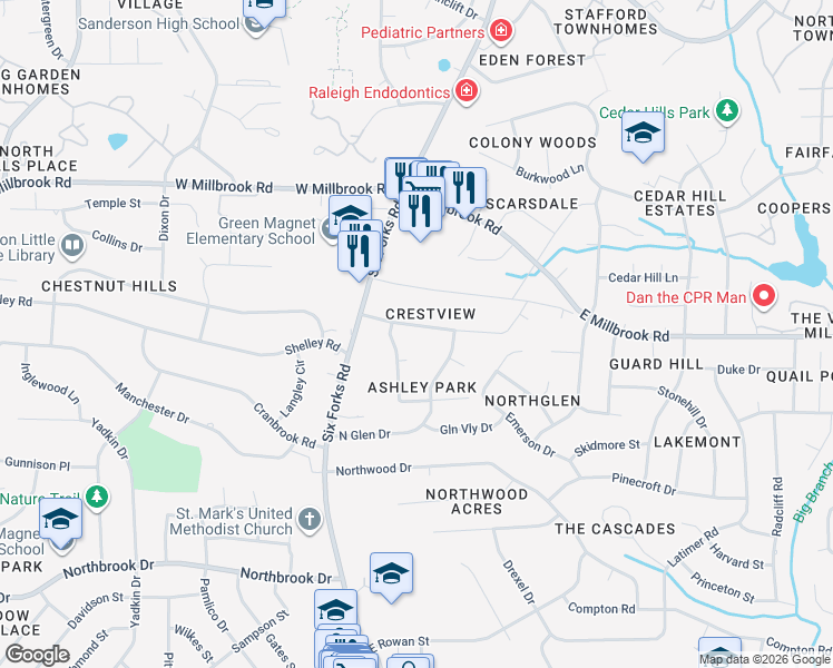 map of restaurants, bars, coffee shops, grocery stores, and more near 118 Crestview Road in Raleigh