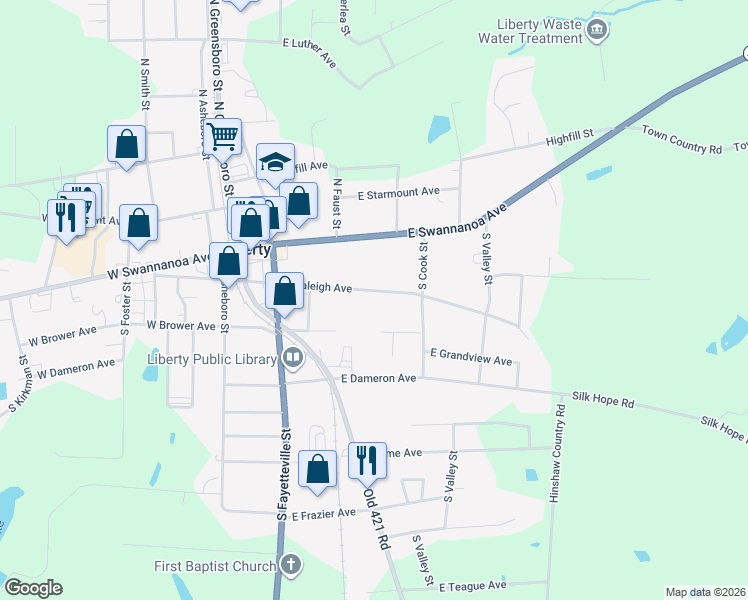 map of restaurants, bars, coffee shops, grocery stores, and more near 336E East Raleigh Avenue in Liberty