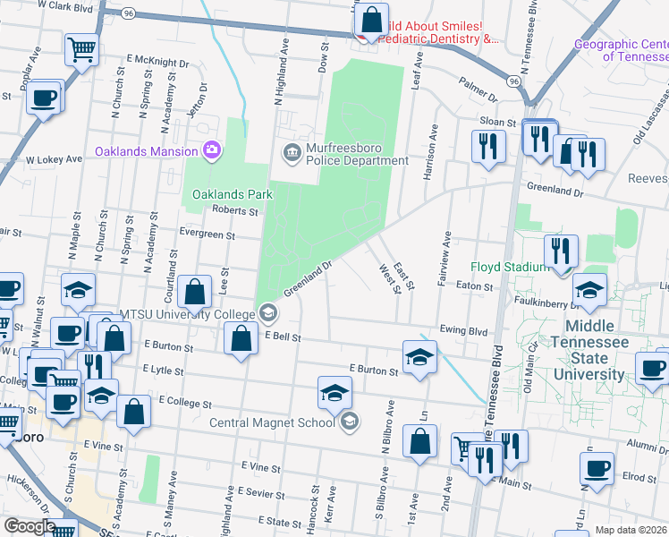 map of restaurants, bars, coffee shops, grocery stores, and more near 706 Greenland Drive in Murfreesboro