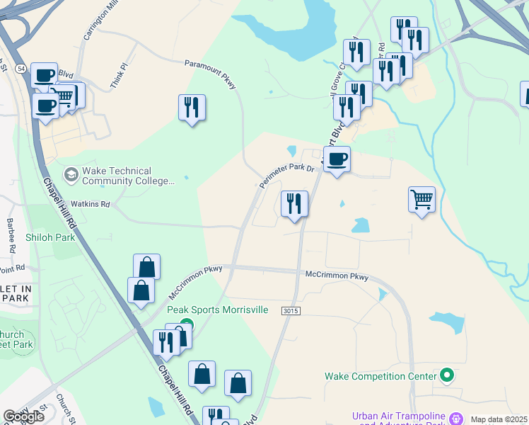 map of restaurants, bars, coffee shops, grocery stores, and more near 1700 Perimeter Park Drive in Morrisville