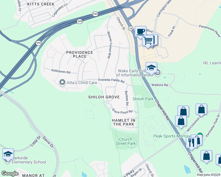 map of restaurants, bars, coffee shops, grocery stores, and more near 1100 Denmark Manor Drive in Morrisville