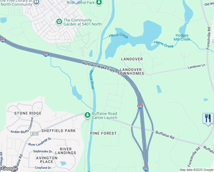 map of restaurants, bars, coffee shops, grocery stores, and more near 6902 Woodland Stream Place in Raleigh