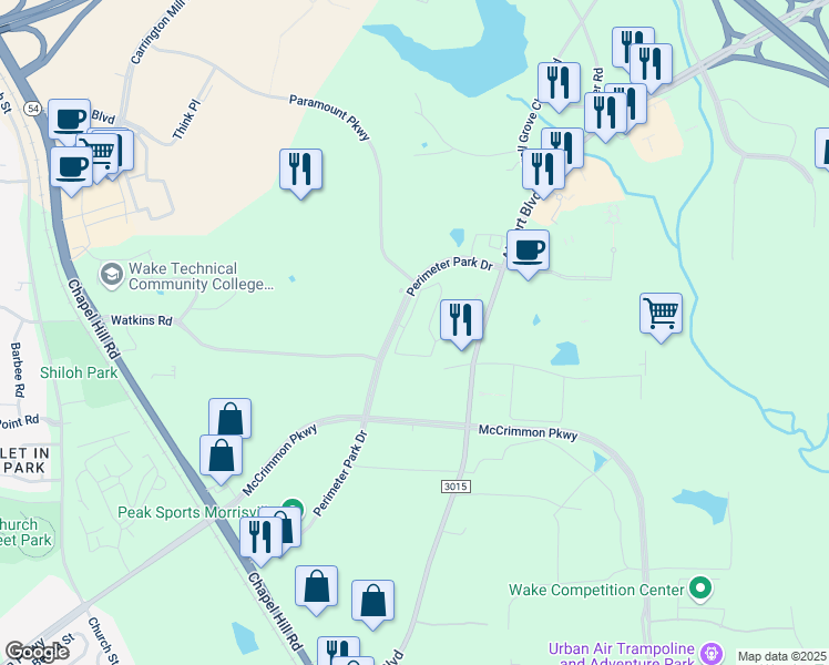 map of restaurants, bars, coffee shops, grocery stores, and more near 1700 Perimeter Park Drive in Morrisville