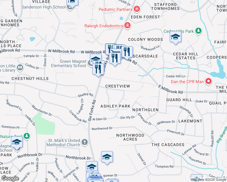map of restaurants, bars, coffee shops, grocery stores, and more near 118 Crestview Road in Raleigh