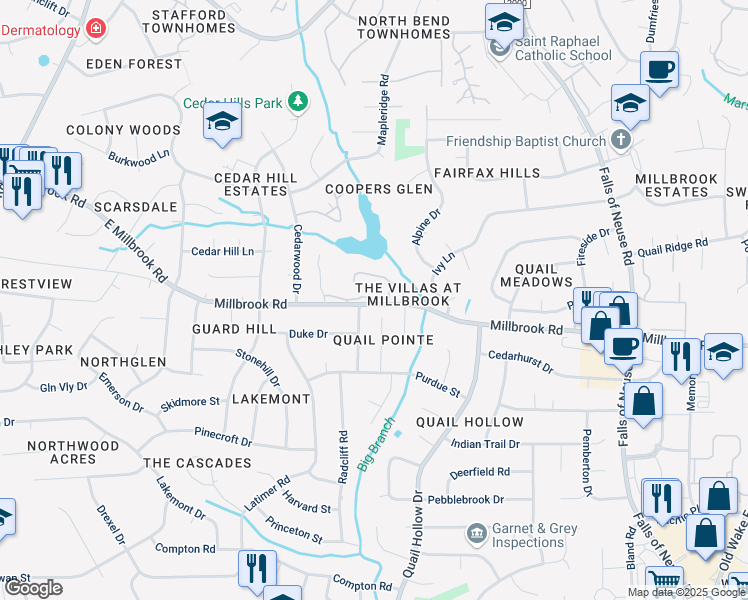 map of restaurants, bars, coffee shops, grocery stores, and more near 707 East Millbrook Road in Raleigh