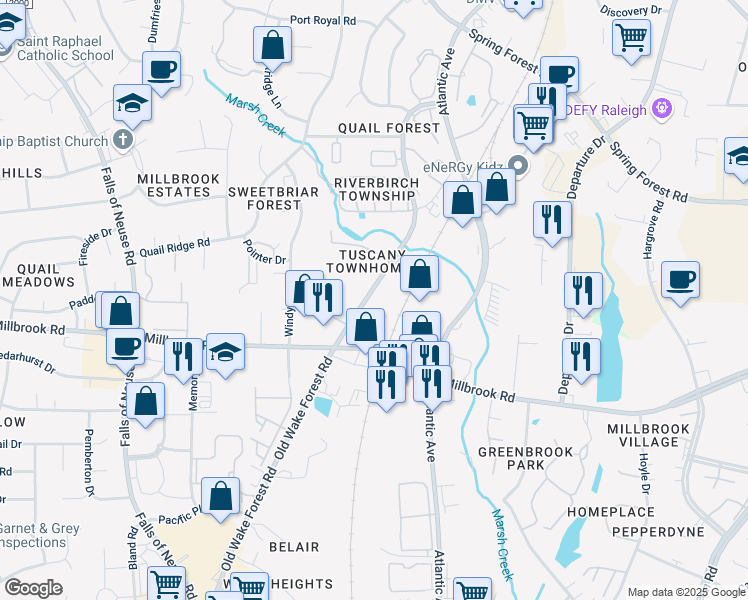 map of restaurants, bars, coffee shops, grocery stores, and more near 5232 Old Wake Forest Road in Raleigh