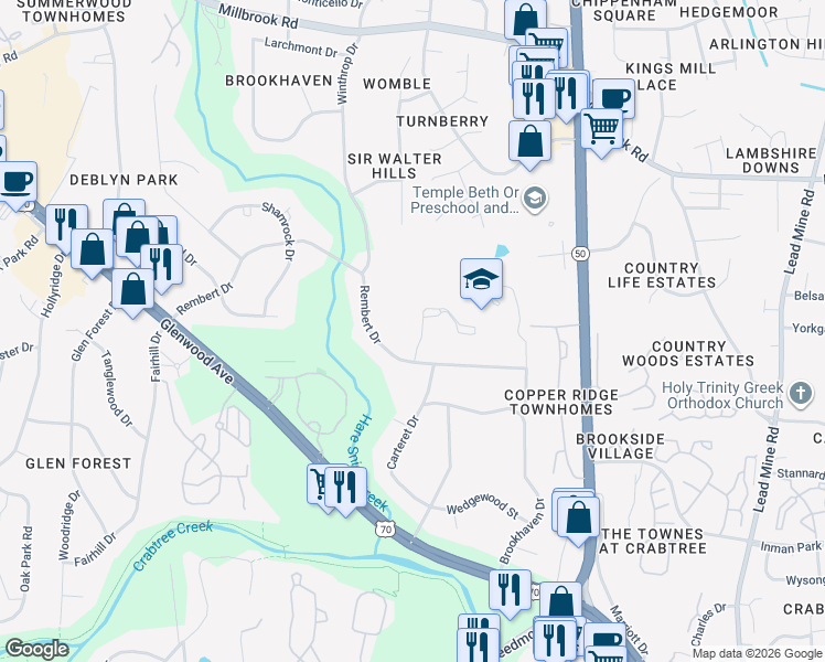 map of restaurants, bars, coffee shops, grocery stores, and more near 5117 Berkeley Street in Raleigh