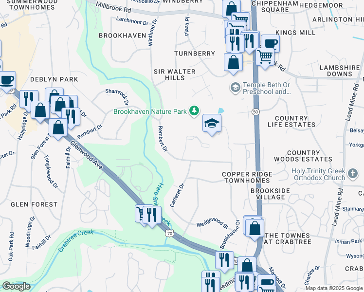 map of restaurants, bars, coffee shops, grocery stores, and more near 5117 Berkeley Street in Raleigh