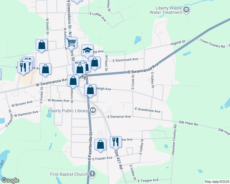map of restaurants, bars, coffee shops, grocery stores, and more near 336E East Raleigh Avenue in Liberty