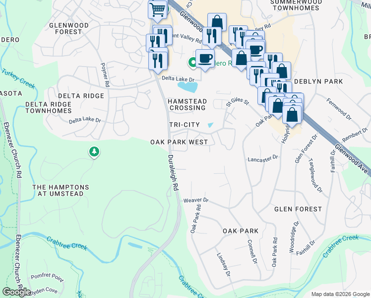 map of restaurants, bars, coffee shops, grocery stores, and more near 5438 Sharpe Drive in Raleigh