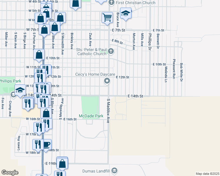map of restaurants, bars, coffee shops, grocery stores, and more near 1305 South Maddox Avenue in Dumas