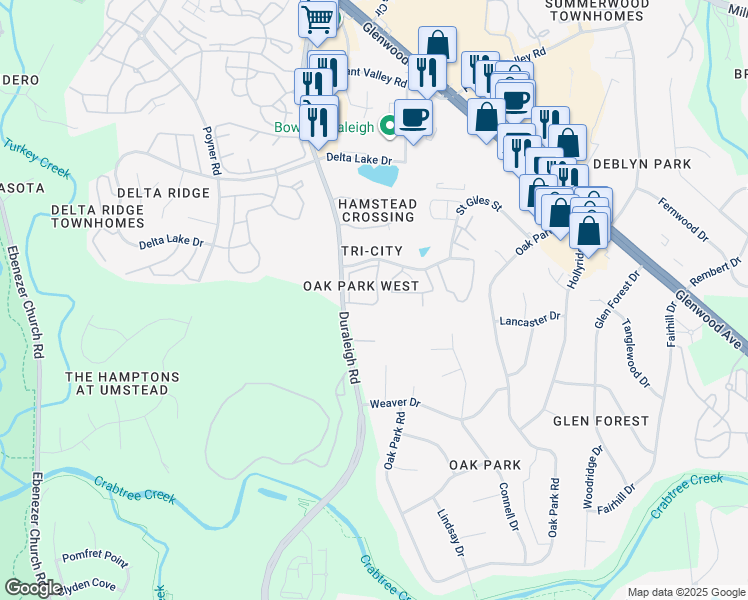 map of restaurants, bars, coffee shops, grocery stores, and more near 5501 Sharpe Drive in Raleigh