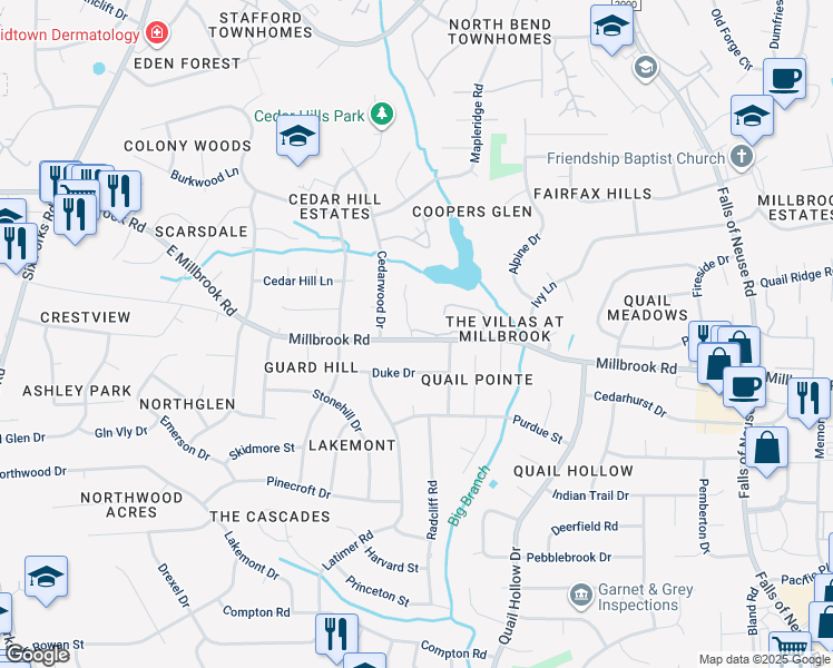 map of restaurants, bars, coffee shops, grocery stores, and more near 620 East Millbrook Road in Raleigh