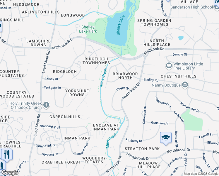 map of restaurants, bars, coffee shops, grocery stores, and more near 5412 Shadowbrook Drive in Raleigh