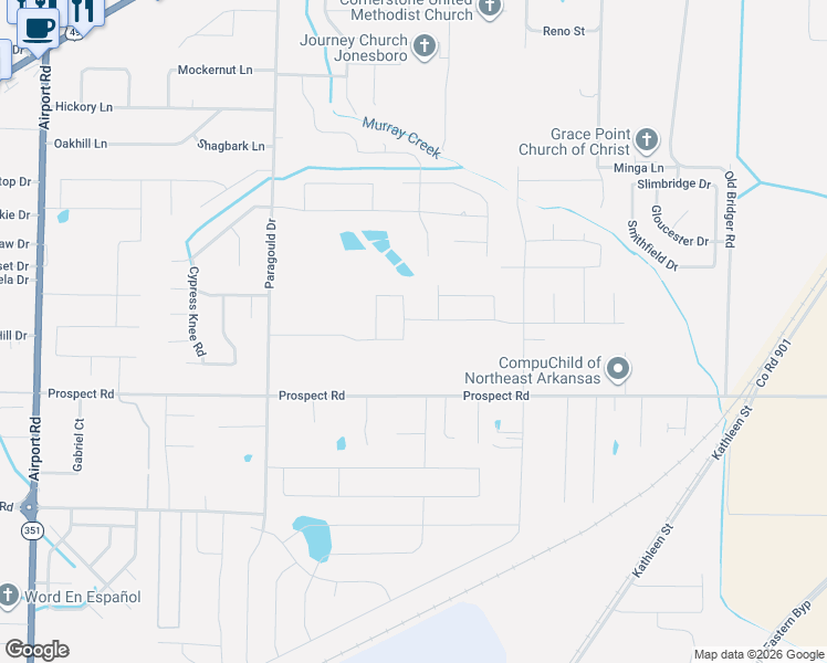 map of restaurants, bars, coffee shops, grocery stores, and more near 4908 Prospect Road in Jonesboro