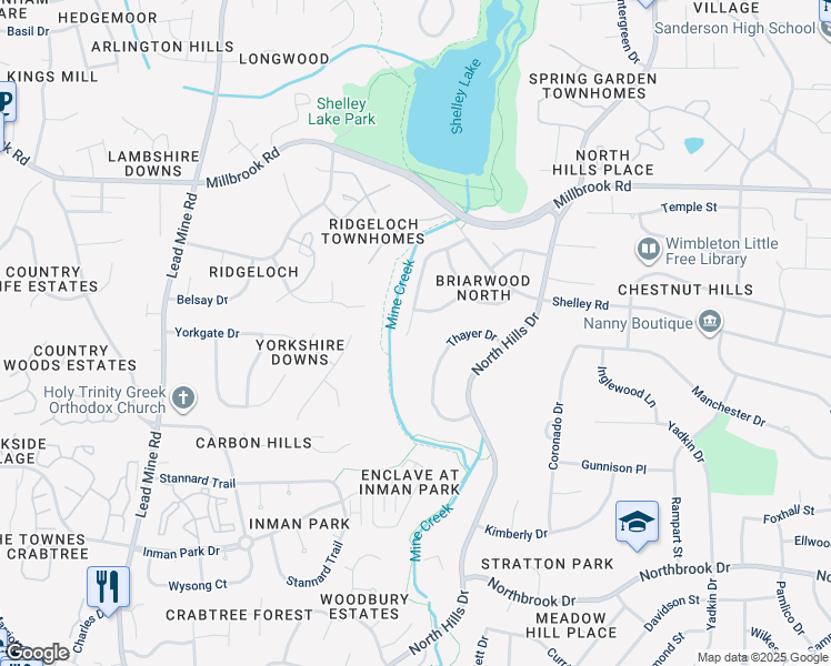 map of restaurants, bars, coffee shops, grocery stores, and more near 5412 Shadowbrook Drive in Raleigh