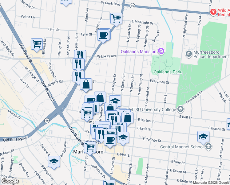 map of restaurants, bars, coffee shops, grocery stores, and more near 127 East Chestnut Street in Murfreesboro