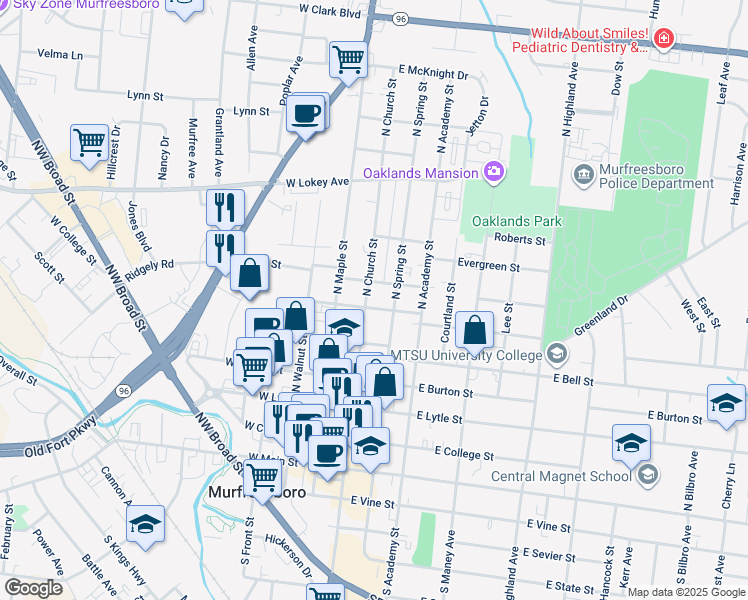 map of restaurants, bars, coffee shops, grocery stores, and more near 127 East Chestnut Street in Murfreesboro