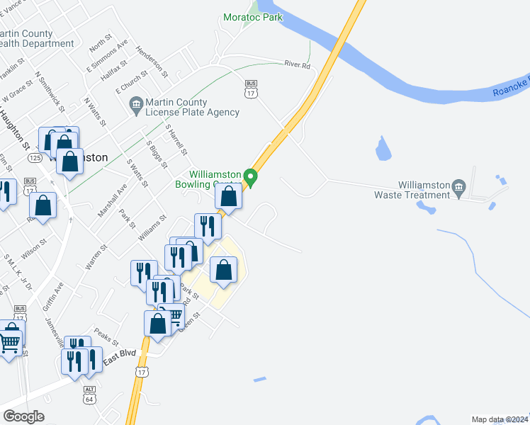 map of restaurants, bars, coffee shops, grocery stores, and more near 200 Gatlin Street in Williamston