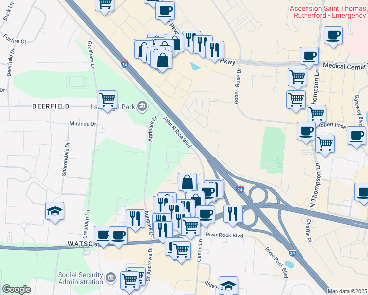 map of restaurants, bars, coffee shops, grocery stores, and more near 229 John Rice Boulevard in Murfreesboro