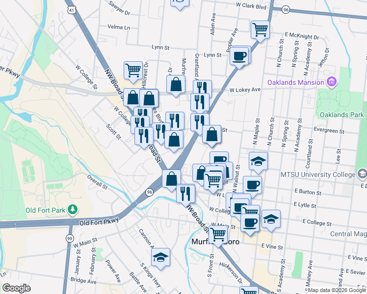 map of restaurants, bars, coffee shops, grocery stores, and more near 419 Memorial Boulevard in Murfreesboro