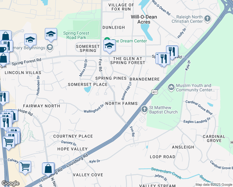 map of restaurants, bars, coffee shops, grocery stores, and more near 4612 Fox Road in Raleigh