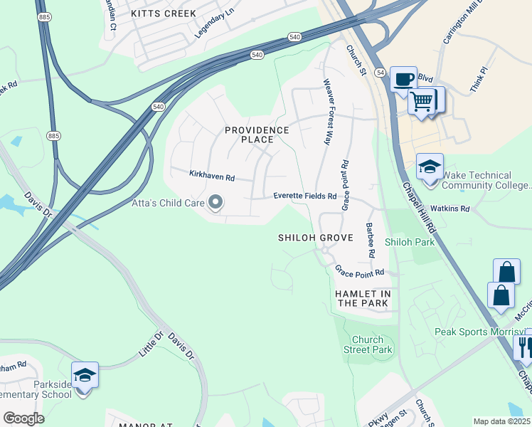 map of restaurants, bars, coffee shops, grocery stores, and more near 1913 Ferntree Court in Morrisville