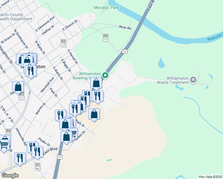 map of restaurants, bars, coffee shops, grocery stores, and more near 200 Gatlin St in Williamston